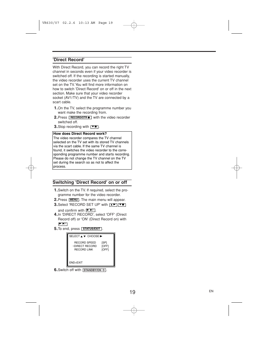 Direct record, Switching 'direct record' on or off | Polycom VIDEOPLUS VR630/07 User Manual | Page 19 / 28