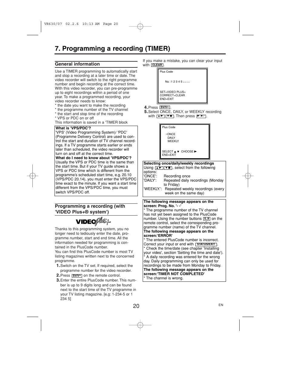 Programming a recording (timer), General information, Programming a recording | With 'video plus, System') | Polycom VIDEOPLUS VR630/07 User Manual | Page 20 / 28