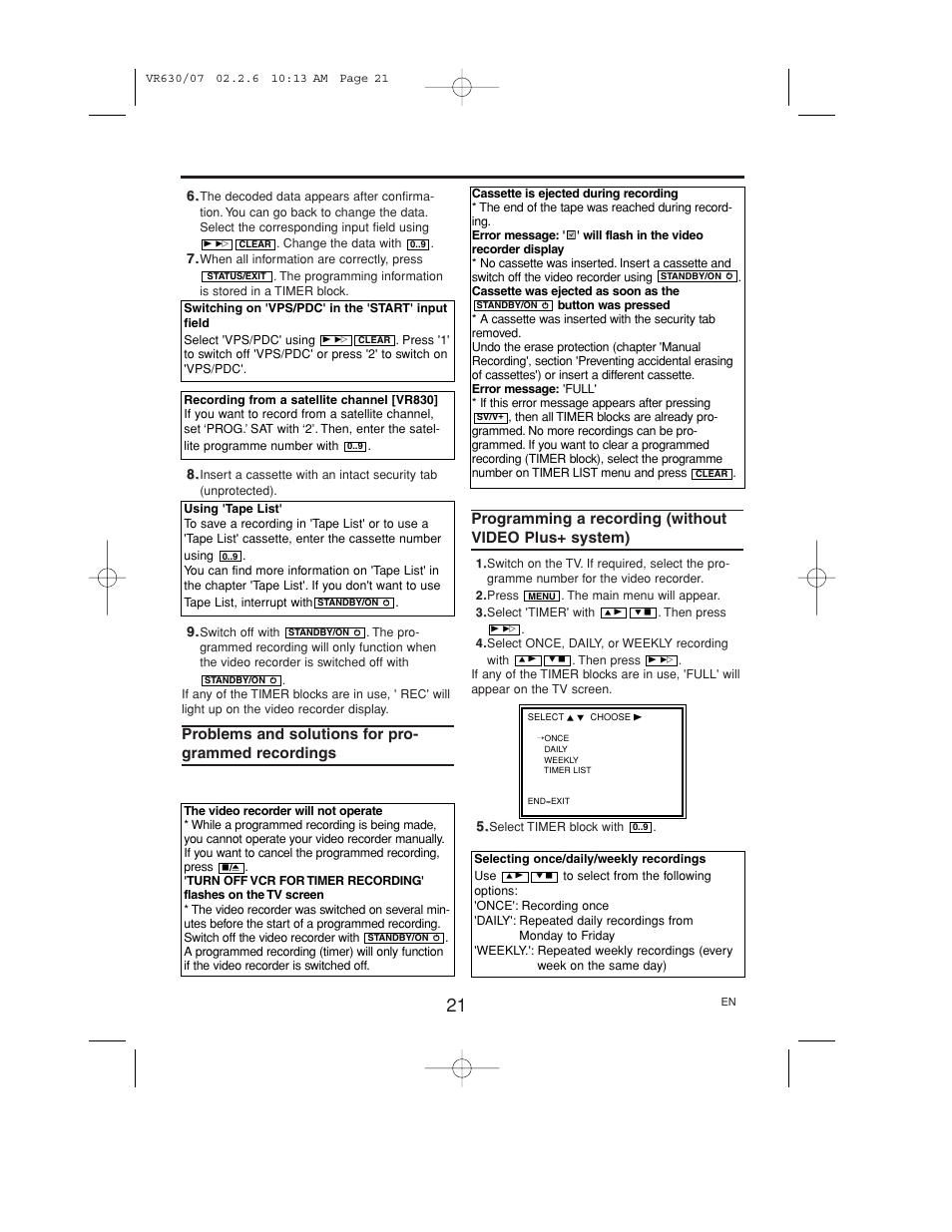 Problems and solutions for programmed, Recordings, Programming a recording | Without video plus+ system) | Polycom VIDEOPLUS VR630/07 User Manual | Page 21 / 28