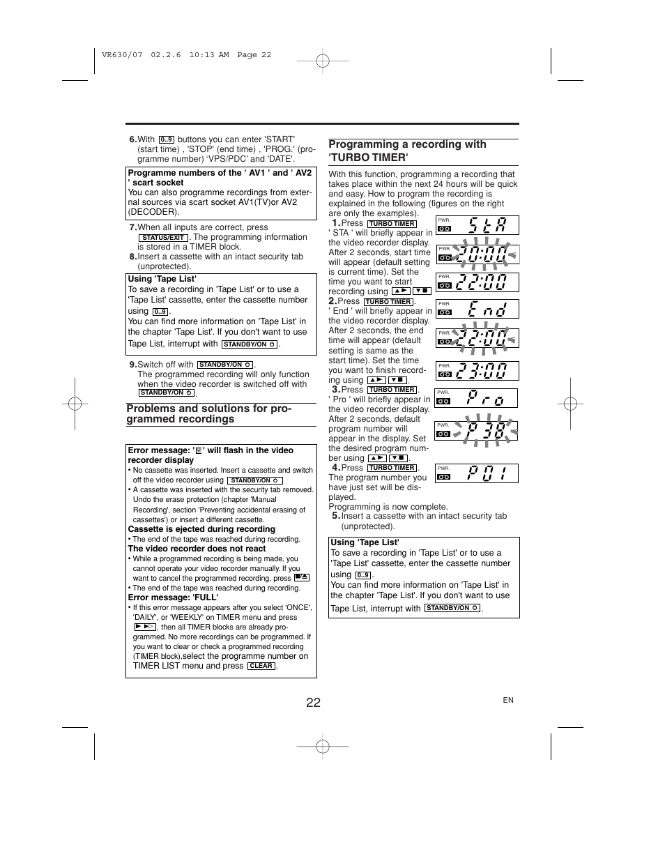 Problems and solutions for programmed recordings, Programming a recording with, Turbo timer | Polycom VIDEOPLUS VR630/07 User Manual | Page 22 / 28
