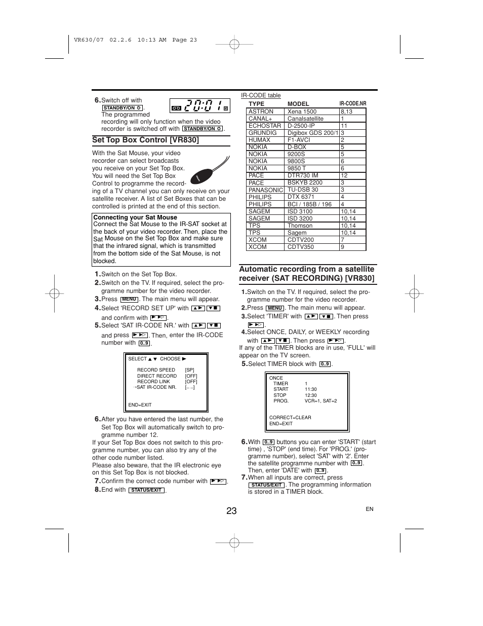 Set top box control [vr830, Automatic recording from a satellite receiver, Sat recording) [vr830 | Polycom VIDEOPLUS VR630/07 User Manual | Page 23 / 28