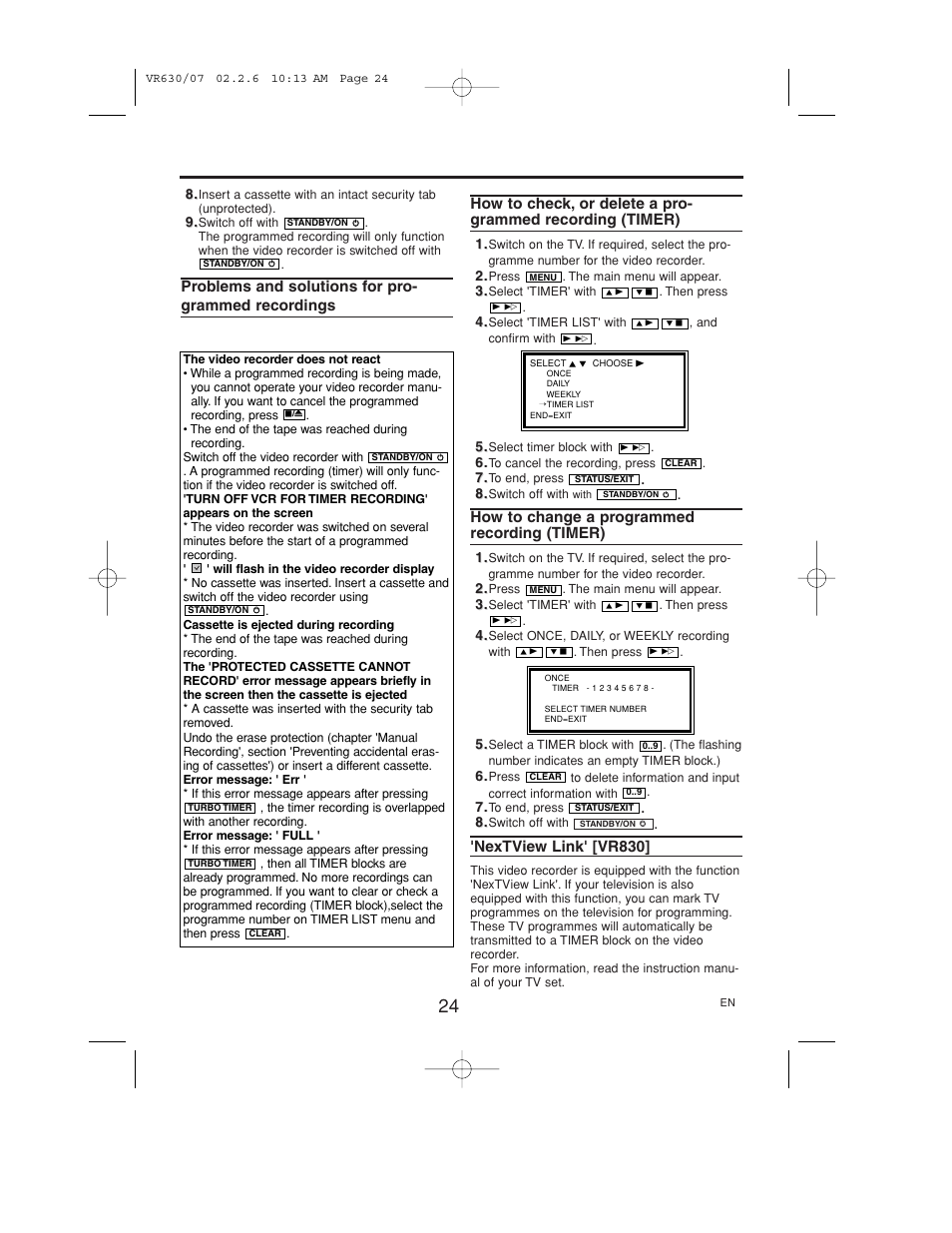 Problems and solutions for programmed, Recordings, How to change a programmed | Recording(timer), How to change a programmed recording (timer), Nextview link' [vr830 | Polycom VIDEOPLUS VR630/07 User Manual | Page 24 / 28