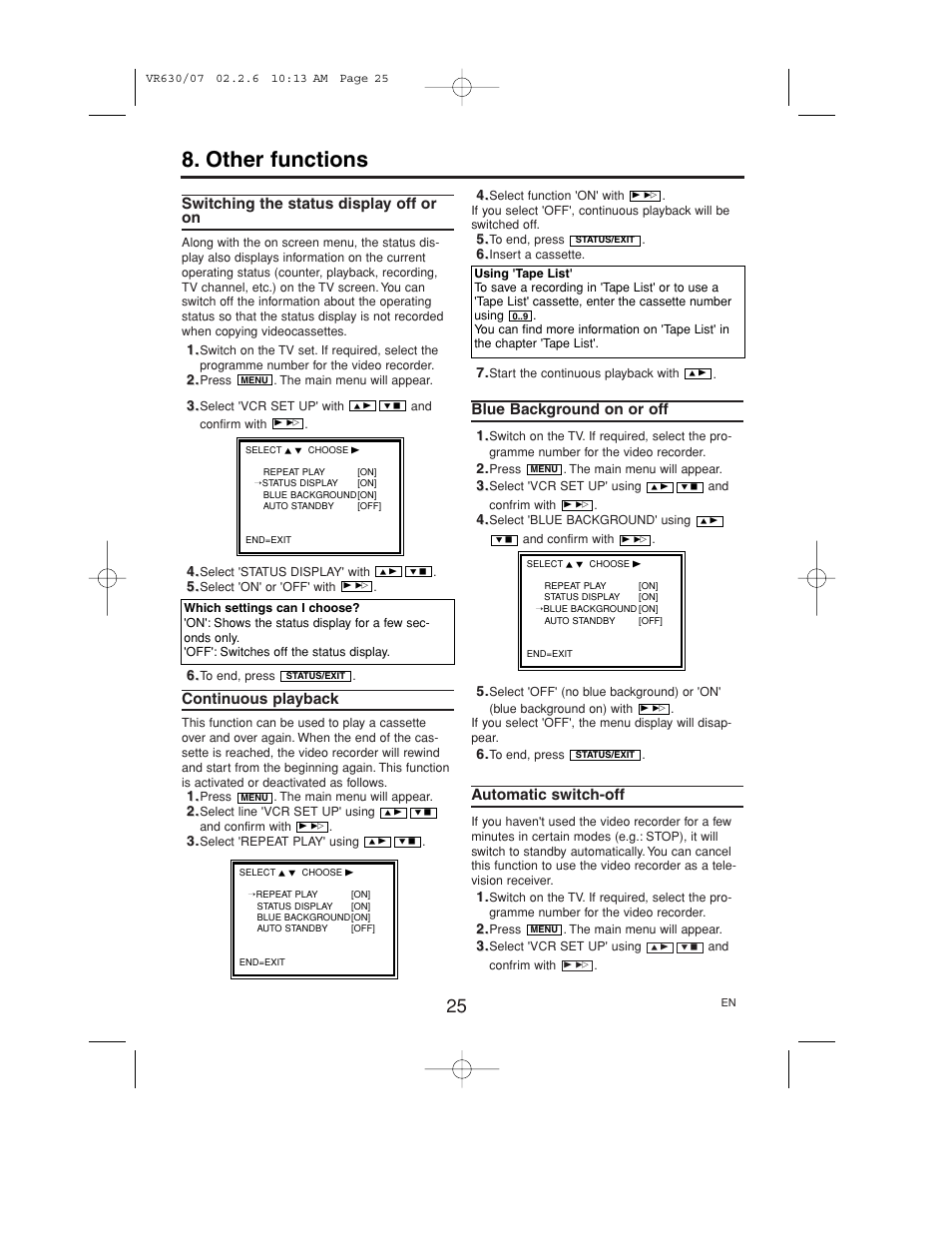 Other functions, Switching the status display off or on, Continuous playback | Blue background on or off, Automatic switch-off | Polycom VIDEOPLUS VR630/07 User Manual | Page 25 / 28