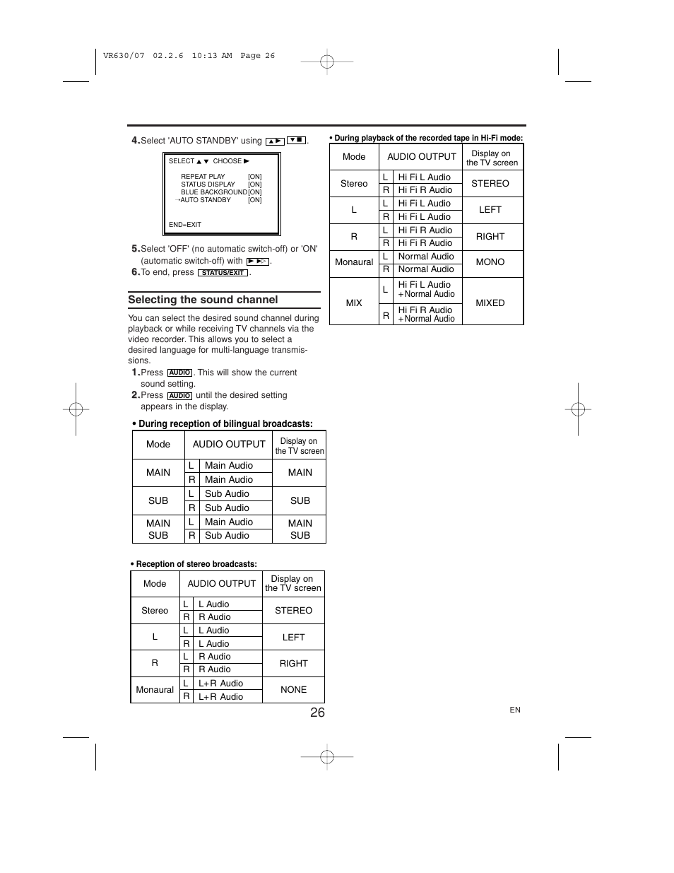 Selecting the sound channel | Polycom VIDEOPLUS VR630/07 User Manual | Page 26 / 28