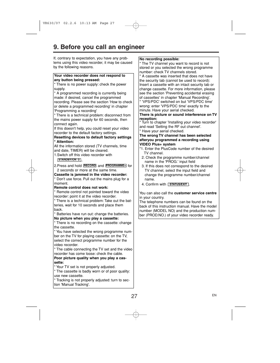 Before you call an engineer | Polycom VIDEOPLUS VR630/07 User Manual | Page 27 / 28