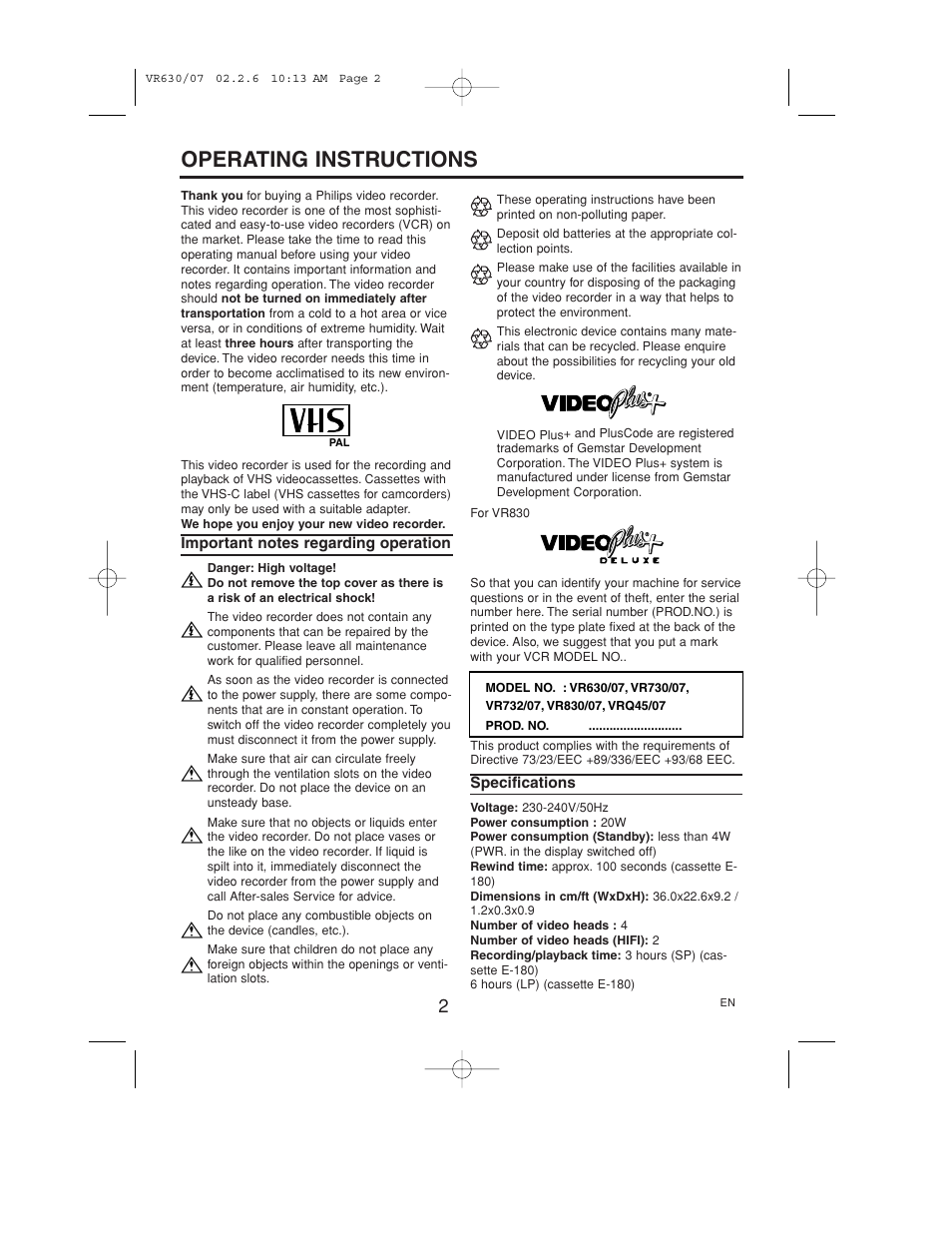 Operating instructions | Polycom VIDEOPLUS VR630/07 User Manual | Page 3 / 28