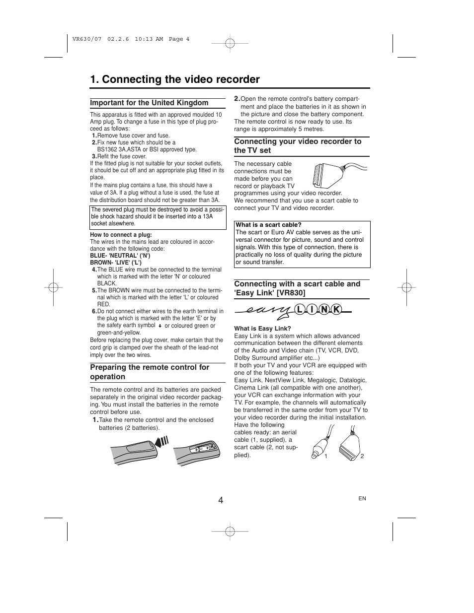 Connecting the video recorder, Important for the united kingdom, Preparing the remote control for operation | Connecting your video recorder to the tv set | Polycom VIDEOPLUS VR630/07 User Manual | Page 4 / 28