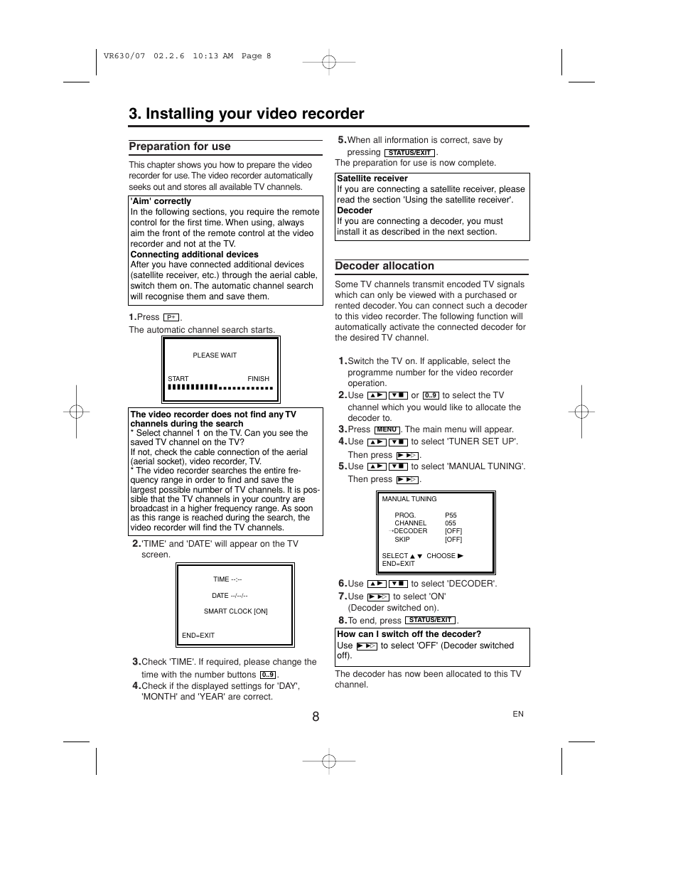 Installing your video recorder, Preparation for use, Decoder allocation | Polycom VIDEOPLUS VR630/07 User Manual | Page 8 / 28