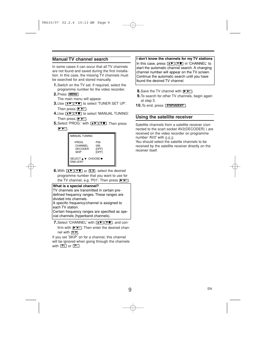 Manual tv channel search, Using the satellite receiver | Polycom VIDEOPLUS VR630/07 User Manual | Page 9 / 28