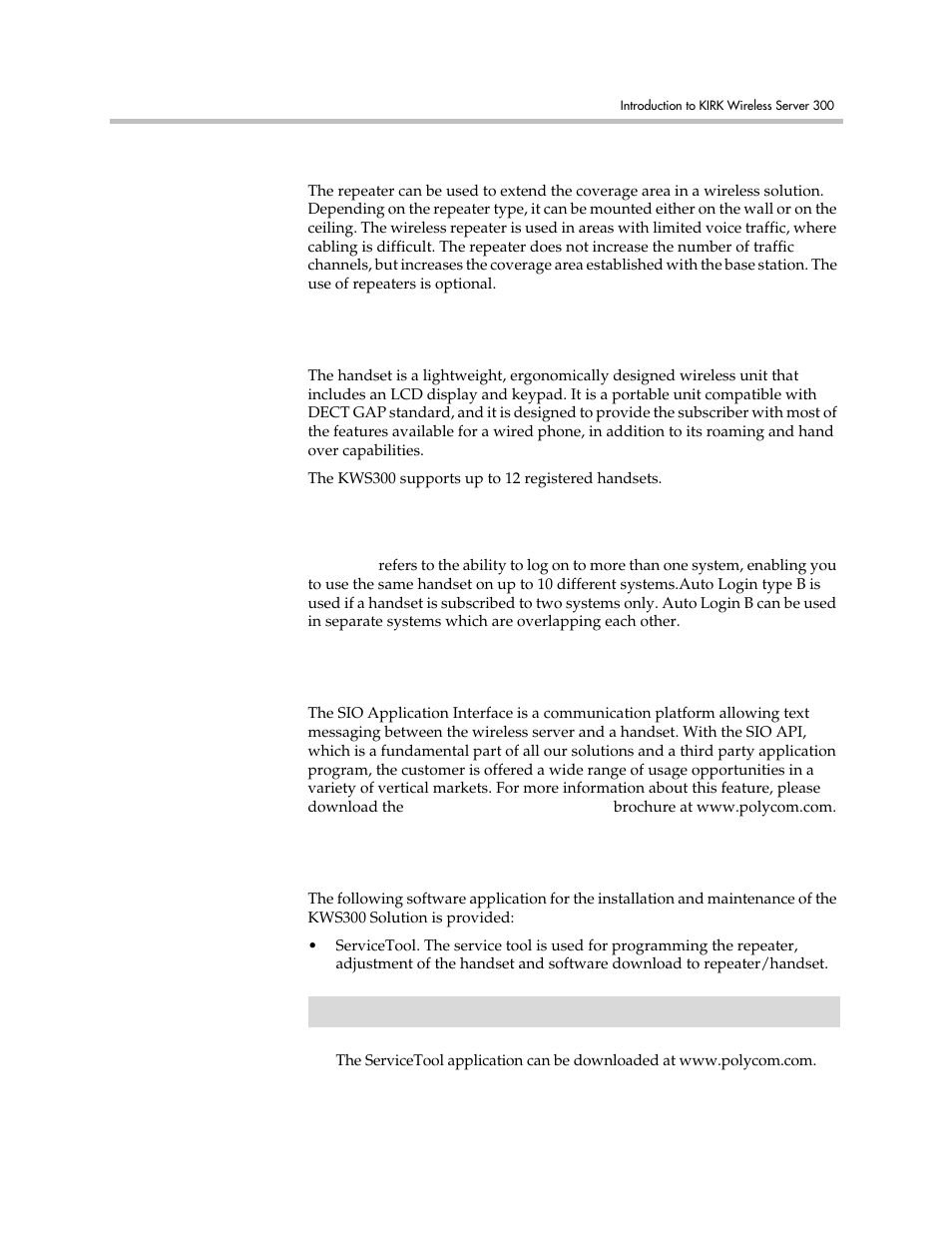 Kirk repeater, Kirk handset, Auto login and handover | Kirk sio application interface, Kirk maintenance software, Kirk repeater –3 kirk handset –3, Auto login and handover –3 | Polycom VoiceStation 300 User Manual | Page 10 / 60