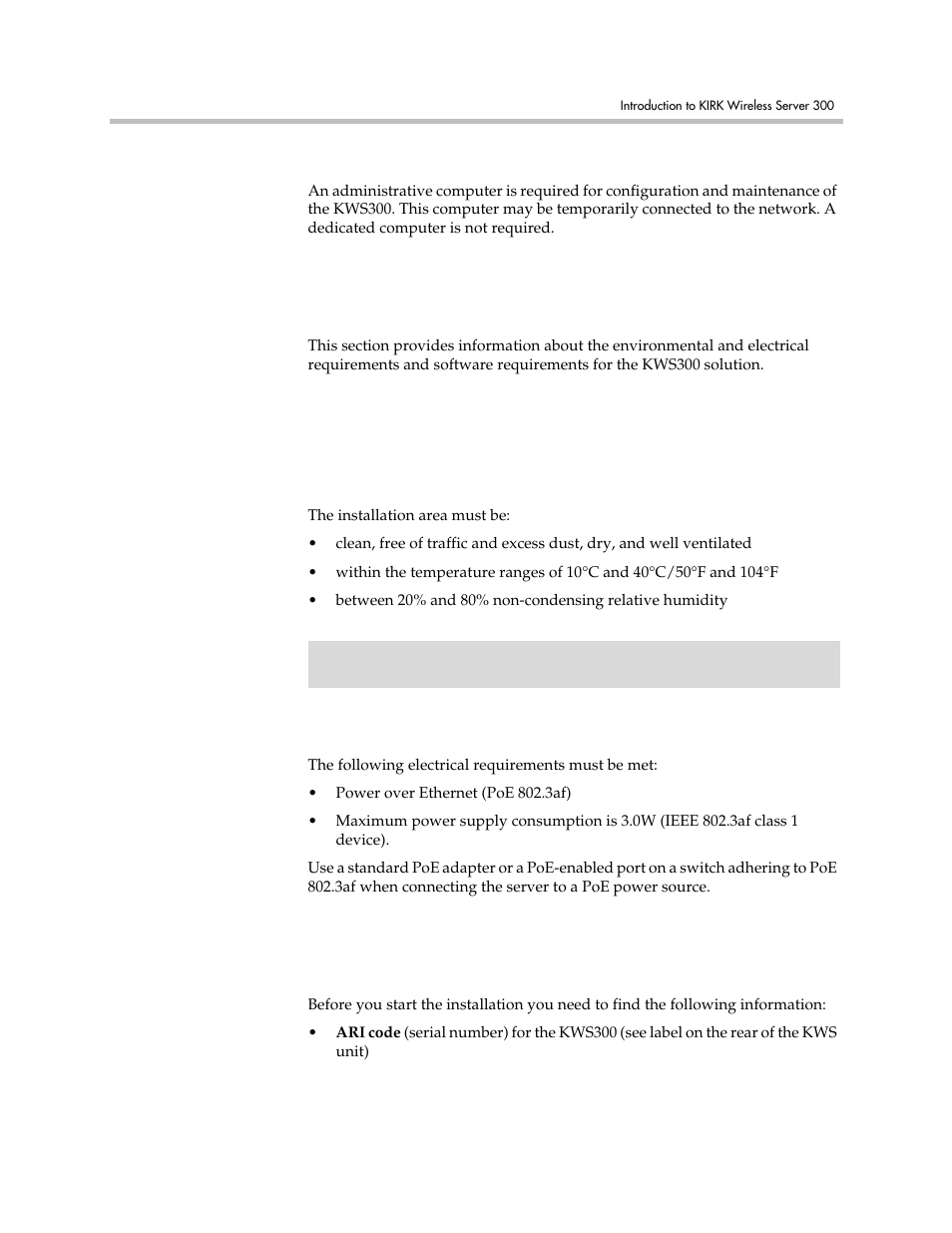 Administrative computer, Kirk wireless server 300, Environmental requirements | Electrical requirements, Installation prerequisites, Administrative computer –4, Kirk wireless server 300 –4, Installation prerequisites –4 | Polycom VoiceStation 300 User Manual | Page 11 / 60