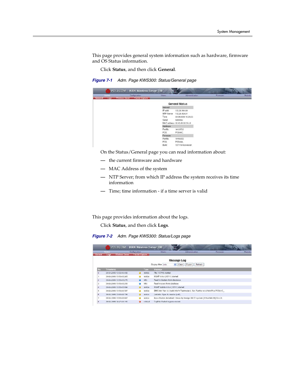 General status information, Logs information, General status information –2 logs information –2 | Polycom VoiceStation 300 User Manual | Page 37 / 60