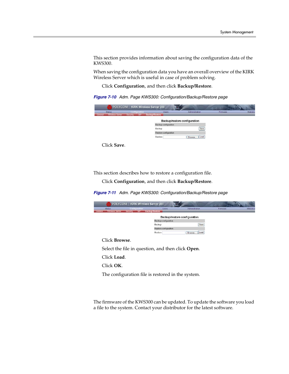 Making a back-up of the configuration file, Restoring the configuration file, Updating the kirk wireless server 300 firmware | Polycom VoiceStation 300 User Manual | Page 42 / 60