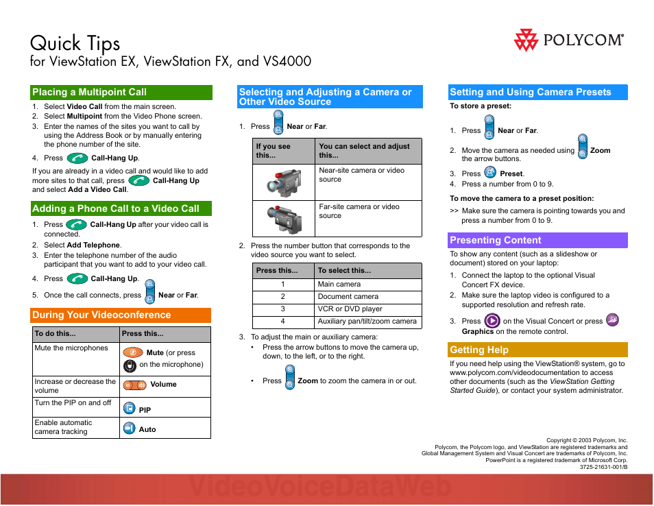 Quick tips, For viewstation ex, viewstation fx, and vs4000, Setting and using camera presets | Presenting content, Getting help, Placing a multipoint call, Adding a phone call to a video call, During your videoconference | Polycom FX User Manual | Page 2 / 2