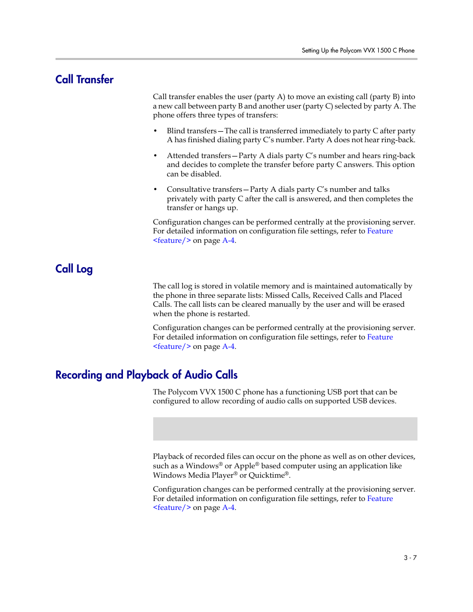 Call transfer, Call log, Recording and playback of audio calls | Polycom VVX 1500 C User Manual | Page 27 / 52