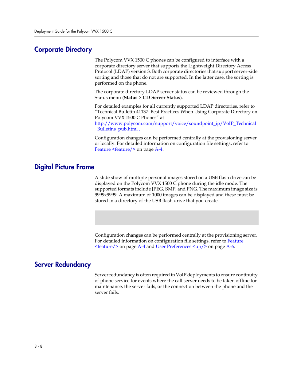 Corporate directory, Digital picture frame, Server redundancy | Polycom VVX 1500 C User Manual | Page 28 / 52