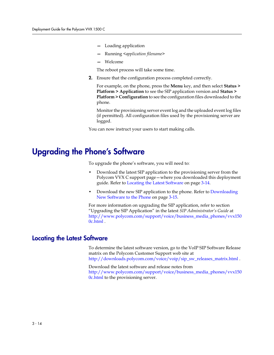 Upgrading the phone’s software, Locating the latest software, Upgrading the phone’s software –14 | Locating the latest software –14 | Polycom VVX 1500 C User Manual | Page 34 / 52