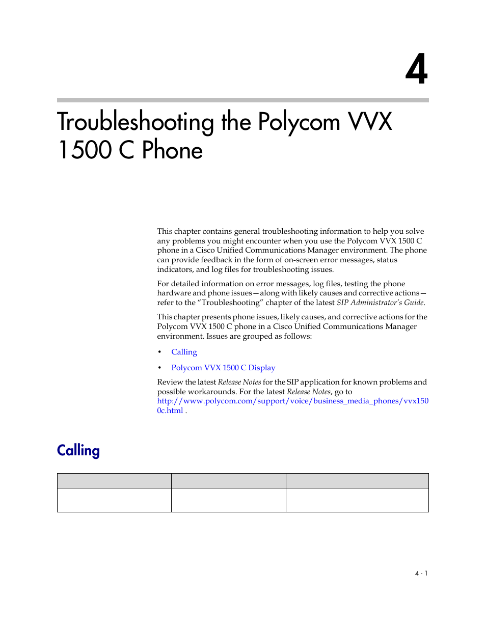 Troubleshooting the polycom vvx 1500 c phone, Calling, 4 troubleshooting the polycom vvx 1500 c phone –1 | Calling –1, Troubleshooting the, Polycom vvx 1500 c phone, R to | Polycom VVX 1500 C User Manual | Page 37 / 52