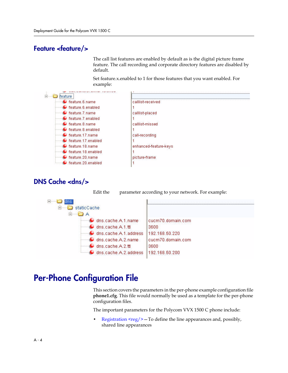 Feature <feature, Dns cache <dns, Per-phone configuration file | Feature | Polycom VVX 1500 C User Manual | Page 42 / 52