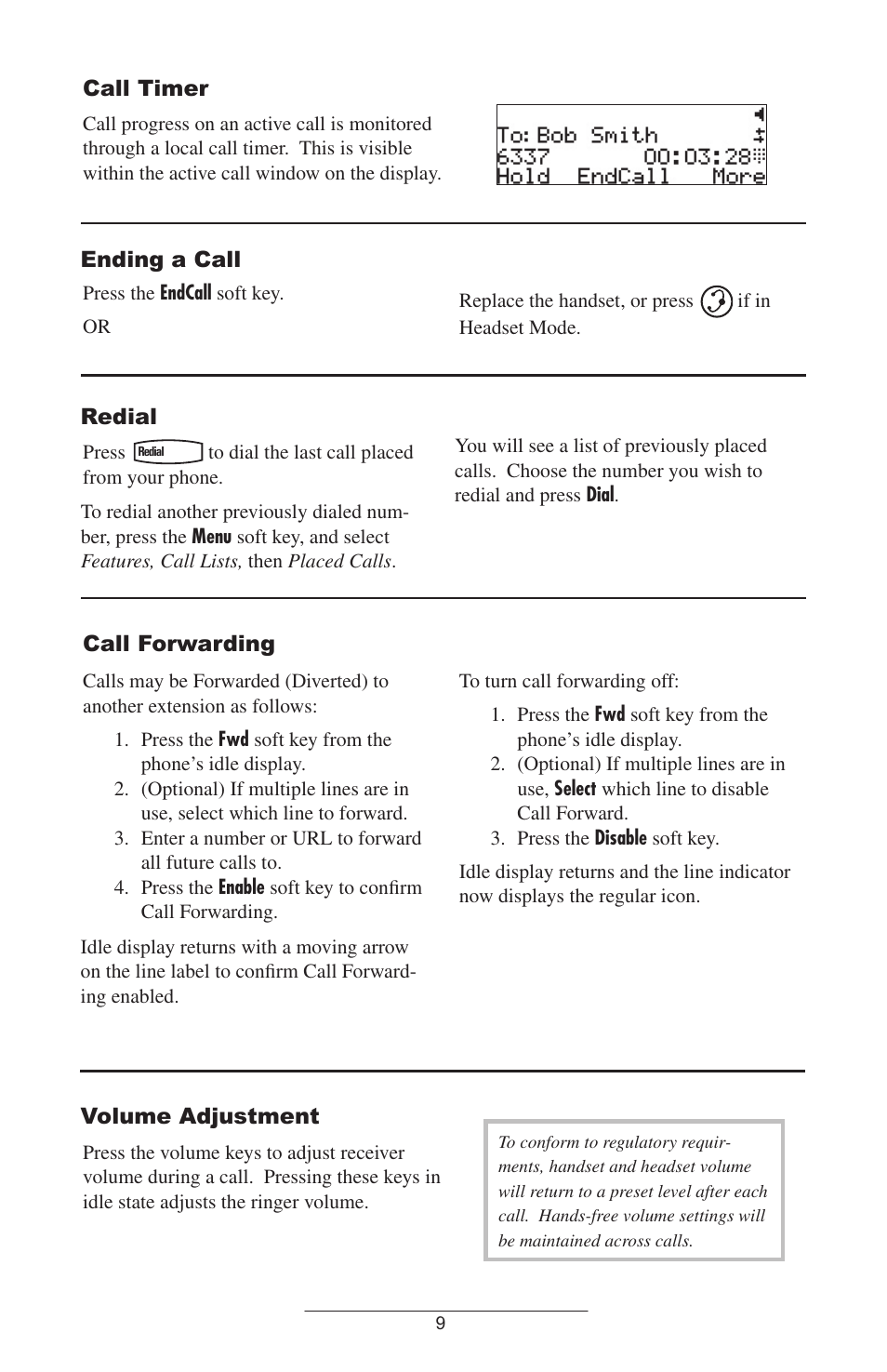 Call timer, Ending a call, Redial | Call forwarding, Volume adjustment | Polycom 301 User Manual | Page 12 / 29