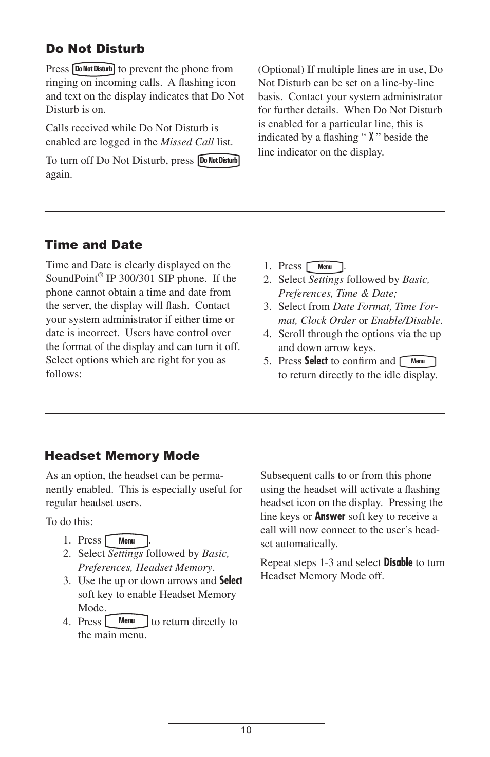 Do not disturb, Time and date, Headset memory mode | Polycom 301 User Manual | Page 13 / 29