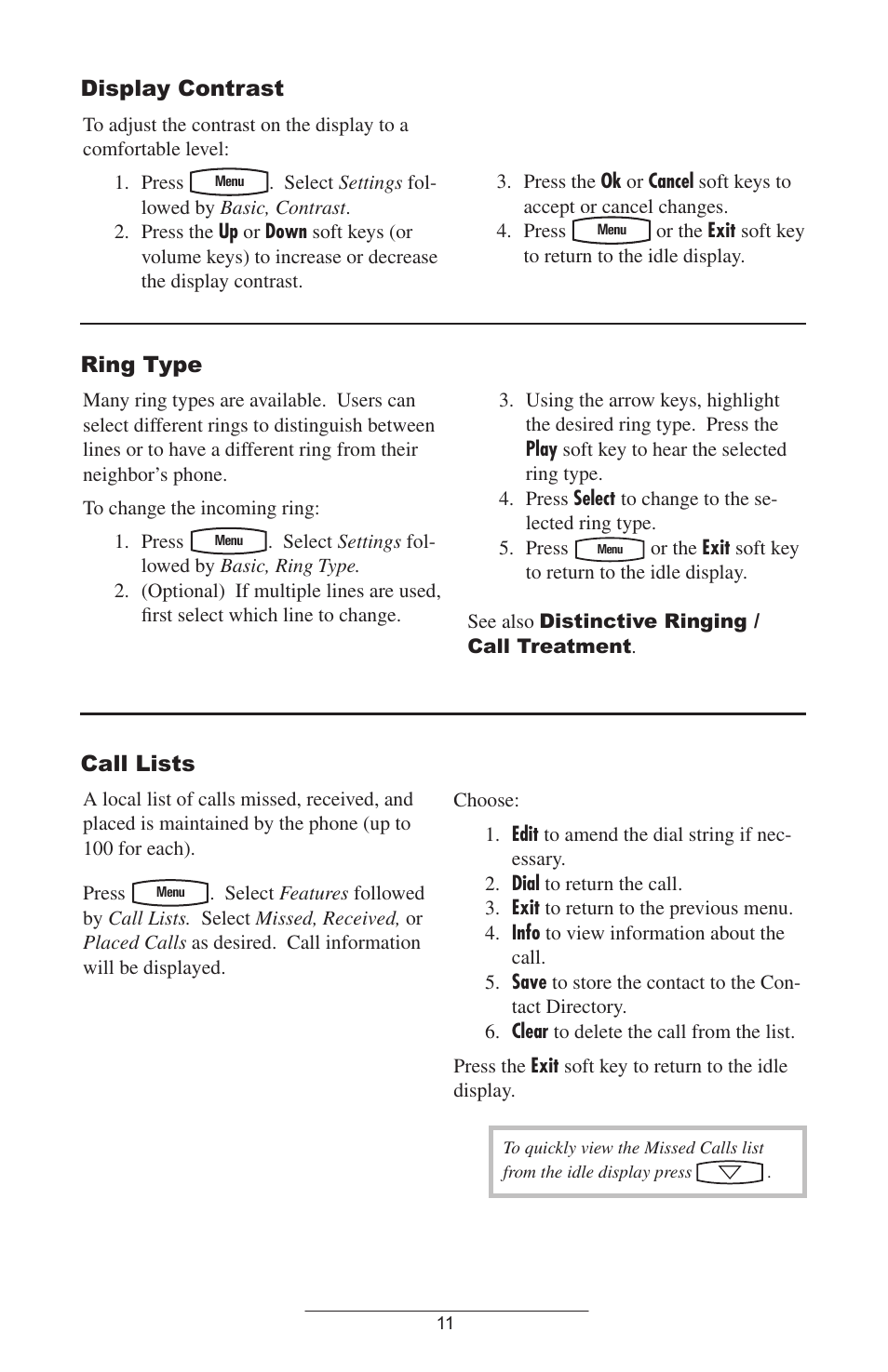 Display contrast, Ring type, Call lists | Polycom 301 User Manual | Page 14 / 29