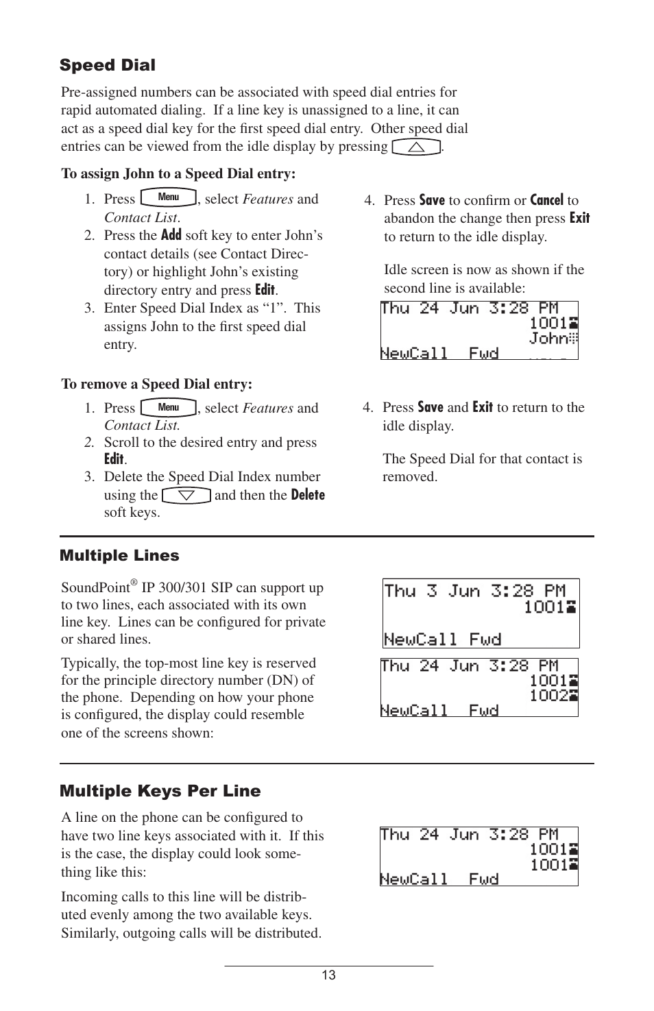Speed dial, Multiple lines, Multiple keys per line | Polycom 301 User Manual | Page 16 / 29