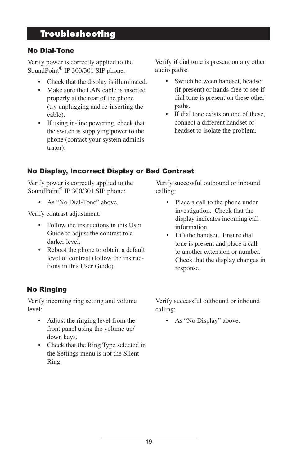 Troubleshooting, Safety and complianc | Polycom 301 User Manual | Page 22 / 29