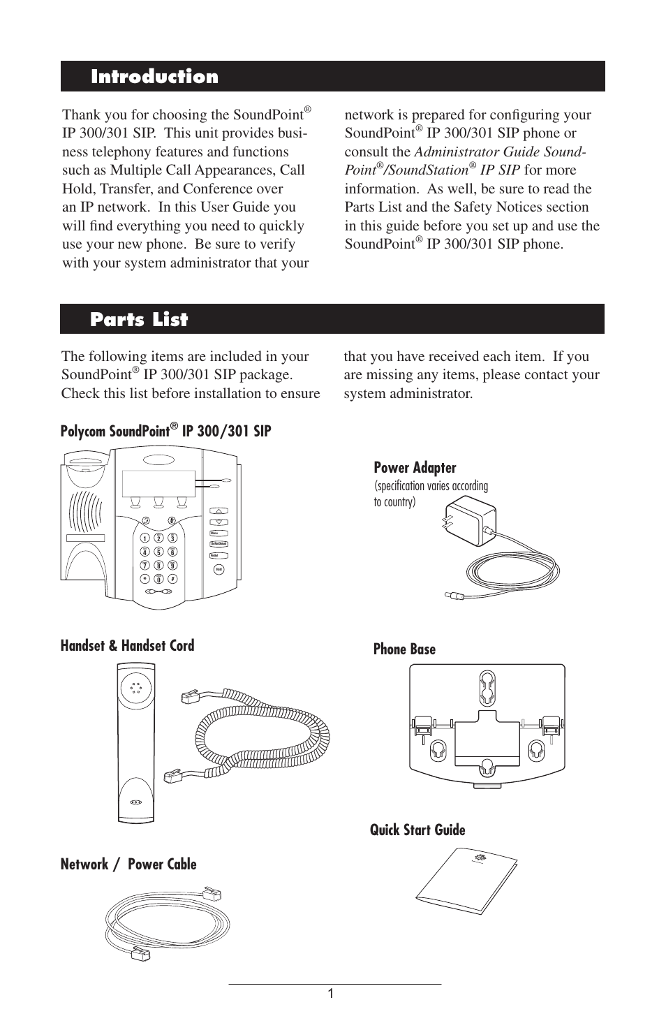 Introduction, Parts list, Introduction parts list | Soundstation, Phone base quick start guide, Speciﬁcation varies according to country) | Polycom 301 User Manual | Page 4 / 29