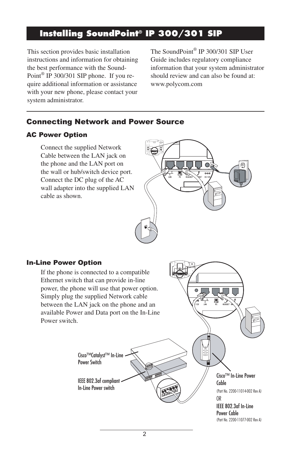 Installing soundpoint, Ip 300/301 sip, Connecting network and power source | Polycom 301 User Manual | Page 5 / 29