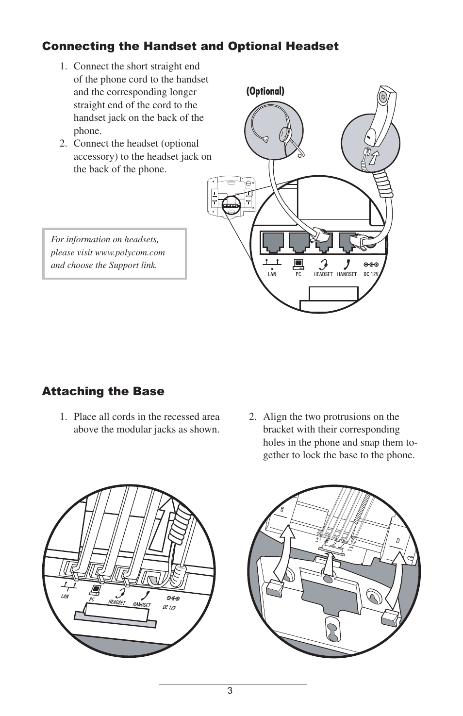 Connecting the handset and optional headset, Attaching the base | Polycom 301 User Manual | Page 6 / 29