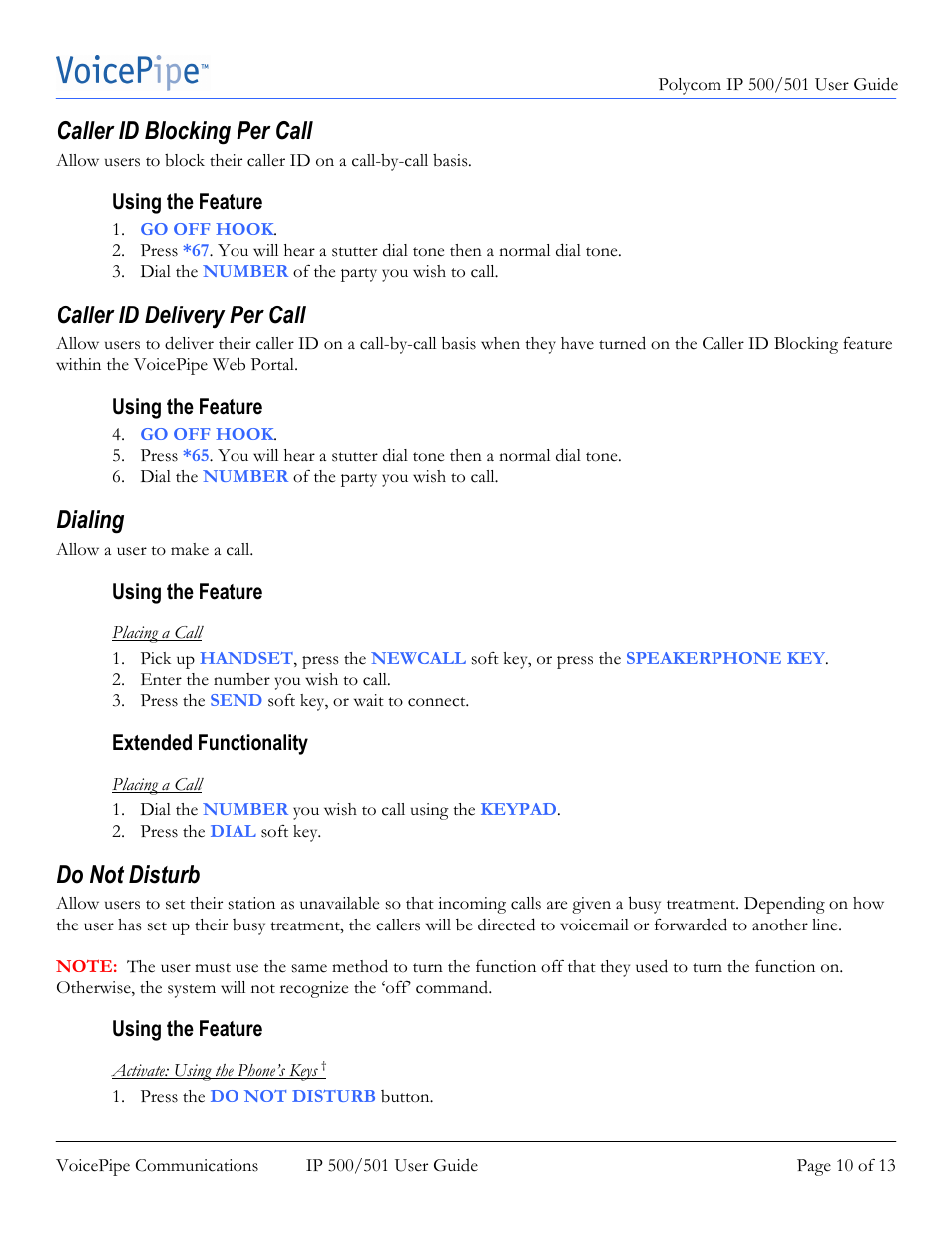 Caller id blocking per call, Caller id delivery per call, Dialing | Do not disturb | Polycom SoundPoint IP 500 User Manual | Page 10 / 13