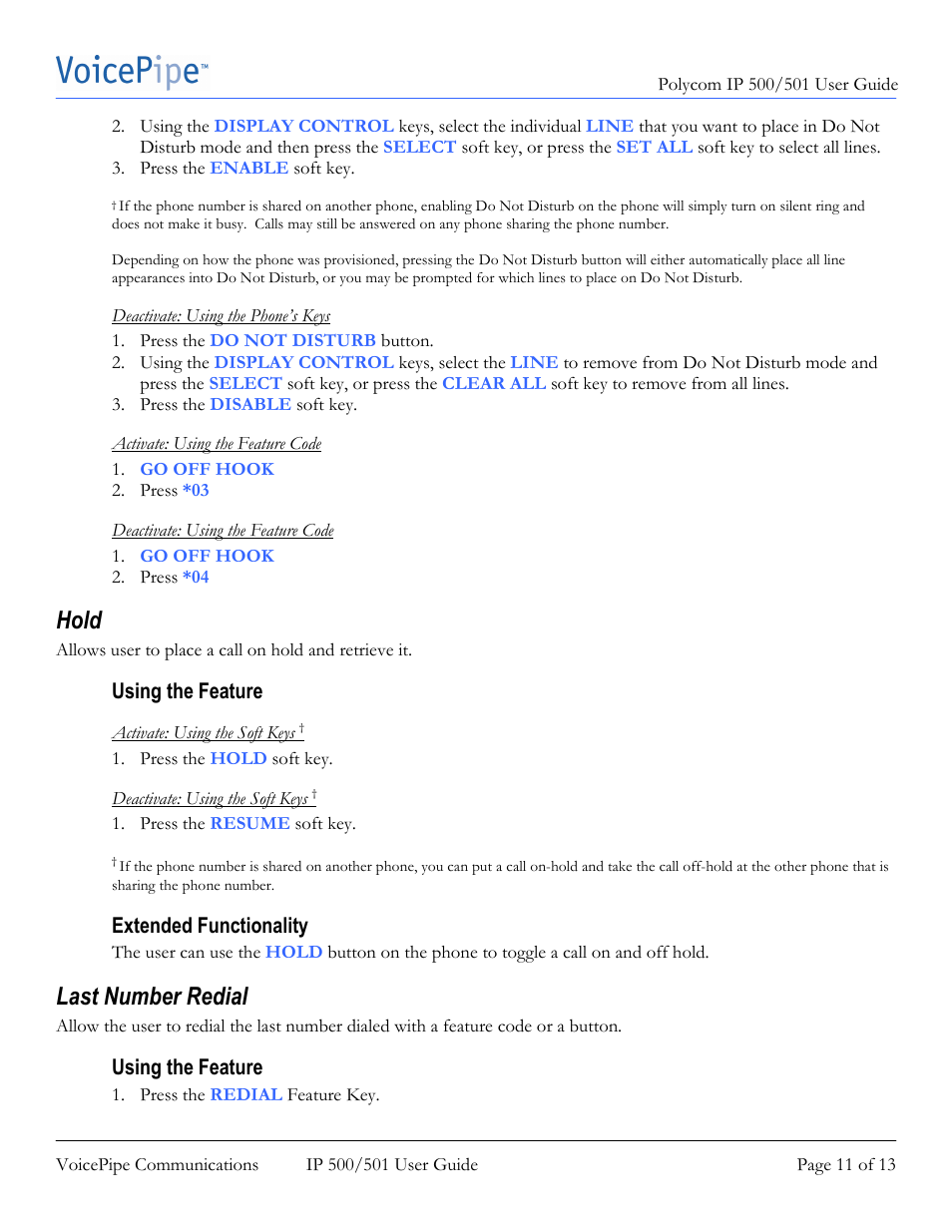 Hold, Last number redial | Polycom SoundPoint IP 500 User Manual | Page 11 / 13