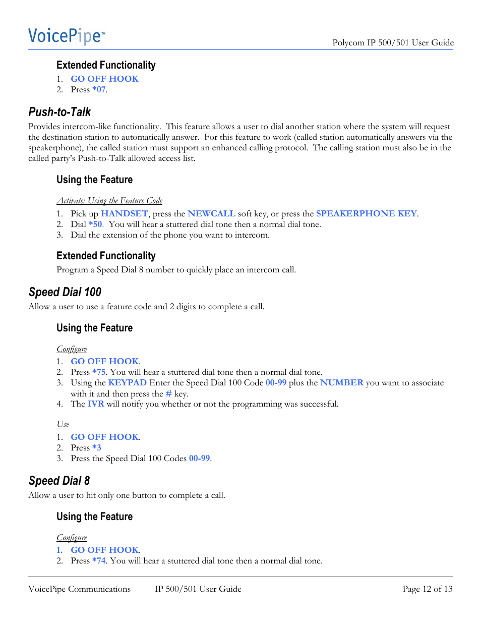 Push-to-talk, Speed dial 100, Speed dial 8 | Polycom SoundPoint IP 500 User Manual | Page 12 / 13