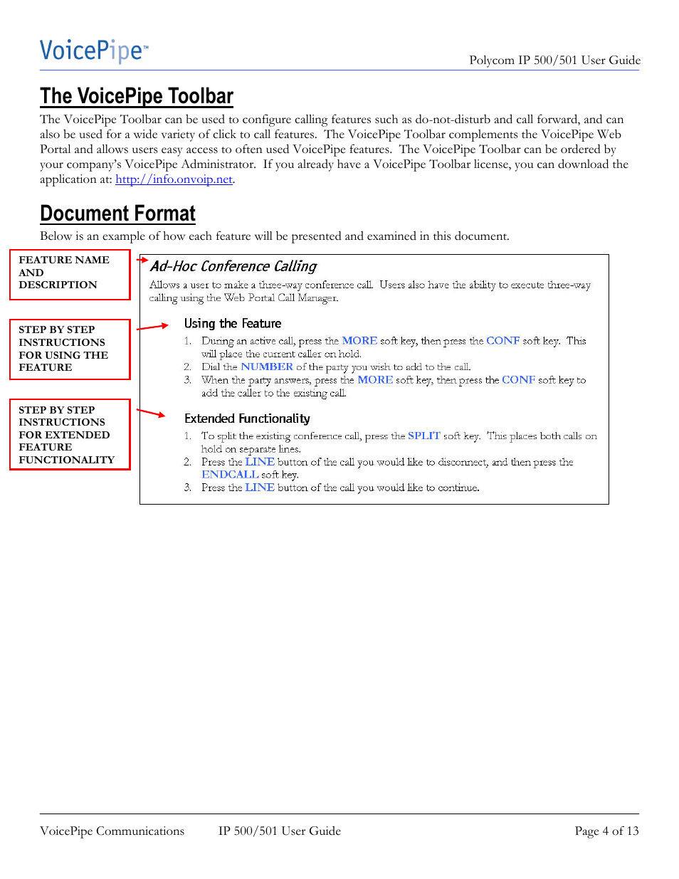 The voicepipe toolbar, Document format | Polycom SoundPoint IP 500 User Manual | Page 4 / 13