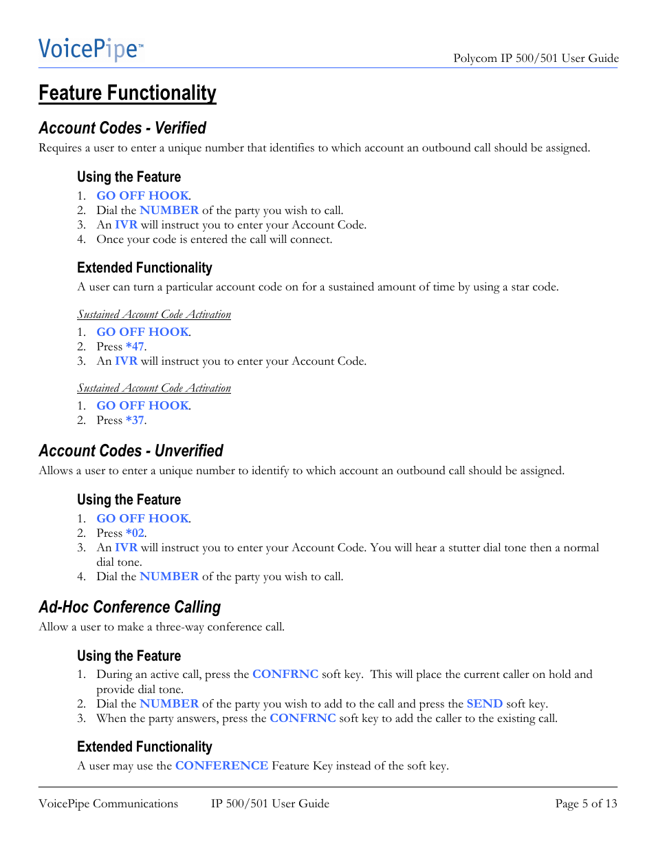 Feature functionality, Account codes - verified, Account codes - unverified | Ad-hoc conference calling | Polycom SoundPoint IP 500 User Manual | Page 5 / 13