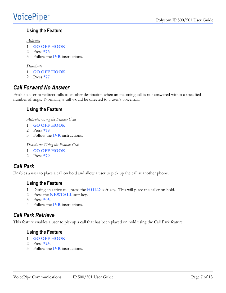 Call forward no answer, Call park, Call park retrieve | Polycom SoundPoint IP 500 User Manual | Page 7 / 13