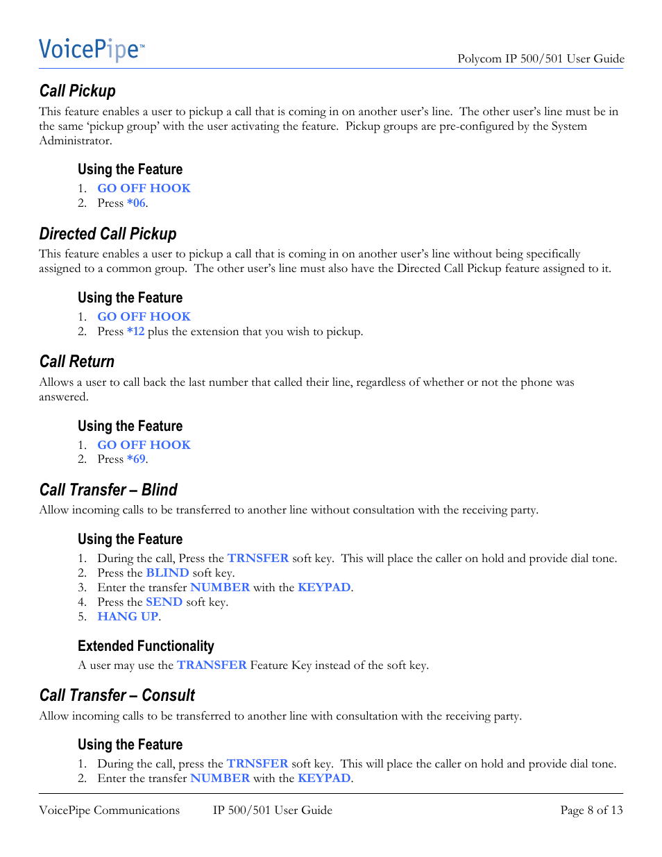 Call pickup, Directed call pickup, Call return | Call transfer – blind, Call transfer – consult | Polycom SoundPoint IP 500 User Manual | Page 8 / 13