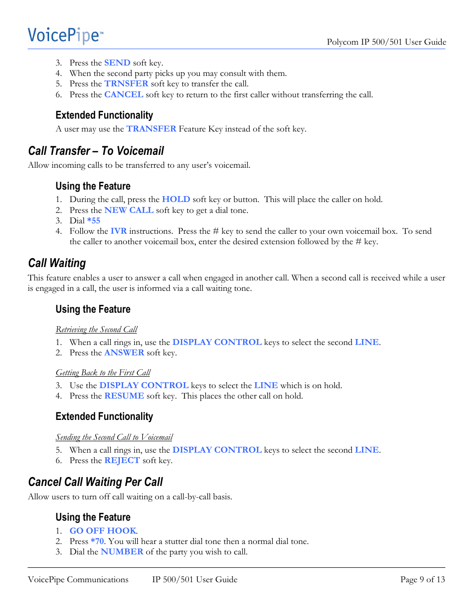 Call transfer – to voicemail, Call waiting, Cancel call waiting per call | Polycom SoundPoint IP 500 User Manual | Page 9 / 13