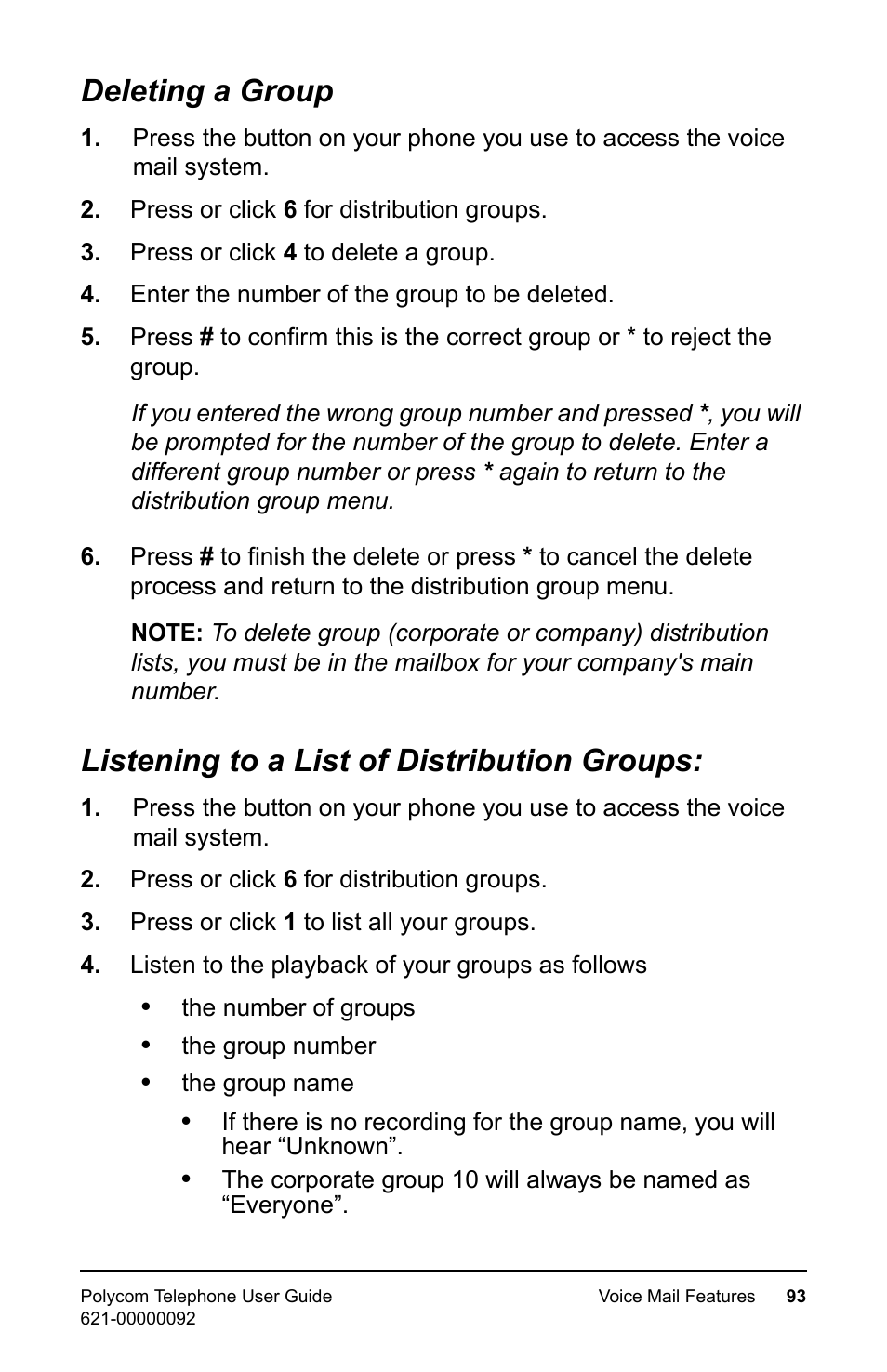 Deleting a group, Listening to a list of distribution groups | Polycom 400 User Manual | Page 100 / 132