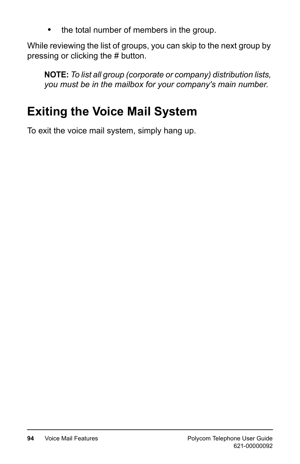 Exiting the voice mail system | Polycom 400 User Manual | Page 101 / 132