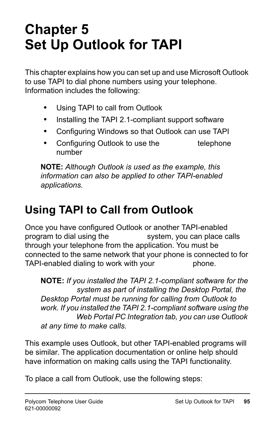 Set up outlook for tapi, Using tapi to call from outlook, Chapter 5 set up outlook for tapi | Polycom 400 User Manual | Page 102 / 132