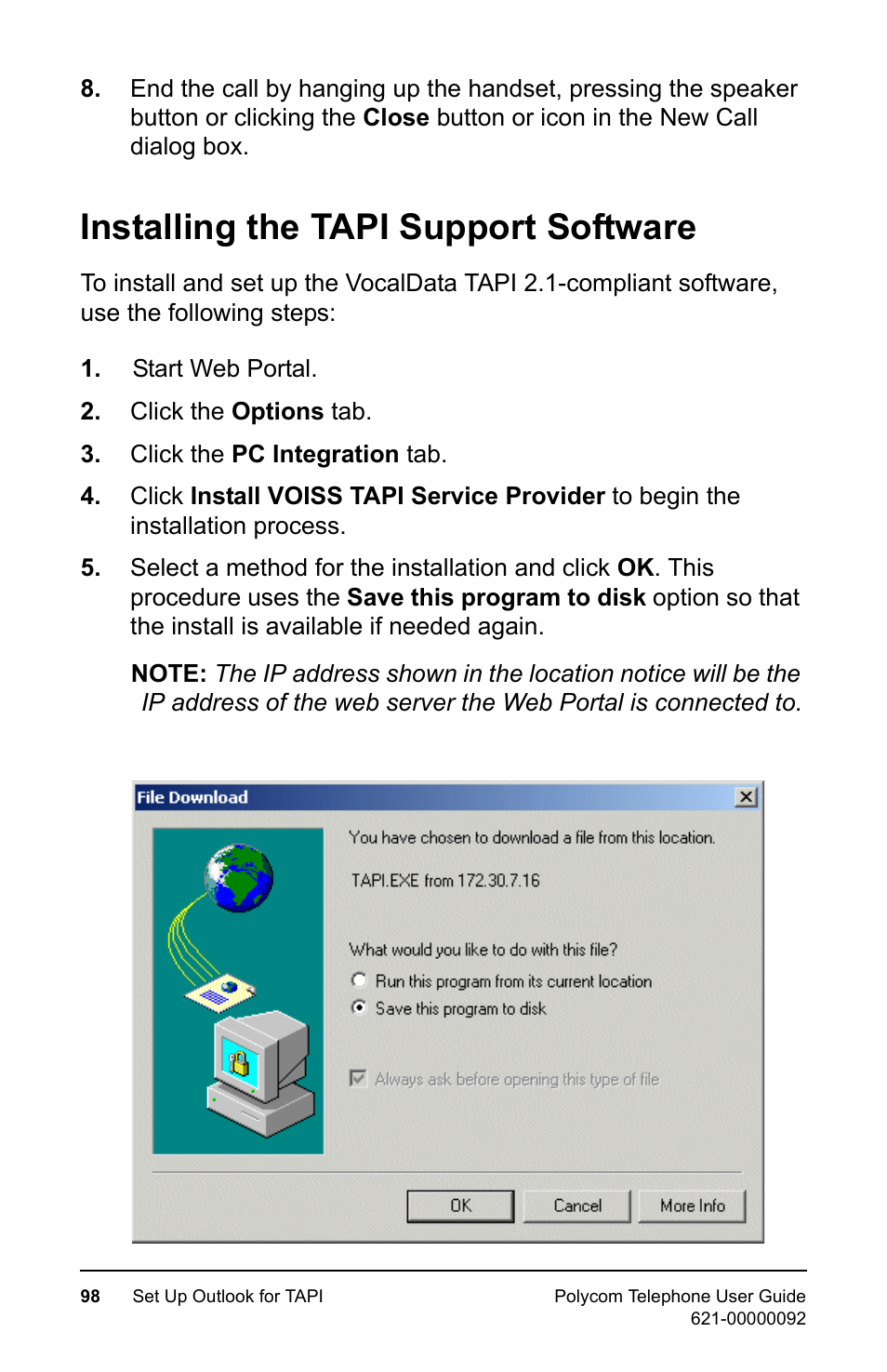 Installing the tapi support software | Polycom 400 User Manual | Page 105 / 132