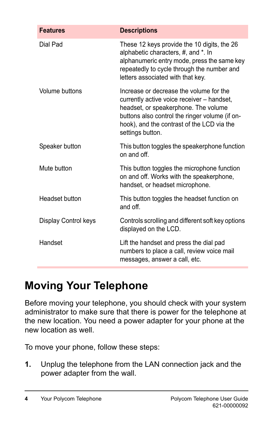 Moving your telephone | Polycom 400 User Manual | Page 11 / 132