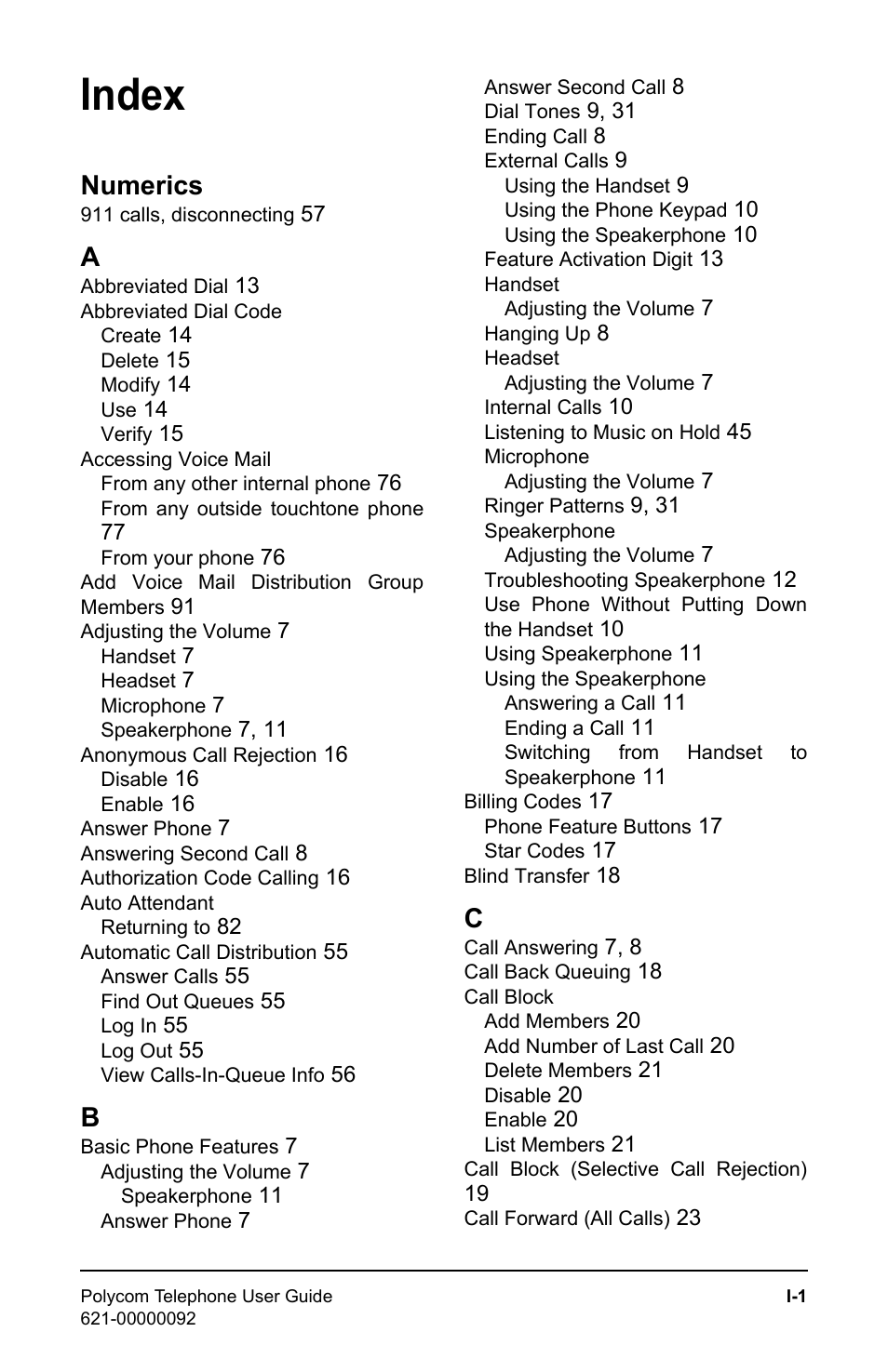 Index, Numerics | Polycom 400 User Manual | Page 124 / 132