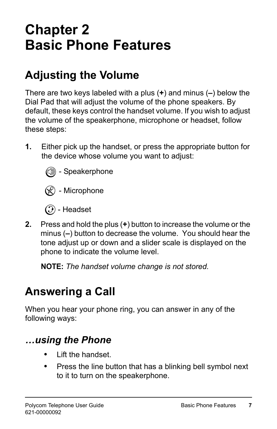 Basic phone features, Adjusting the volume, Answering a call | Using the phone, Adjusting the volume answering a call, Chapter 2 basic phone features | Polycom 400 User Manual | Page 14 / 132