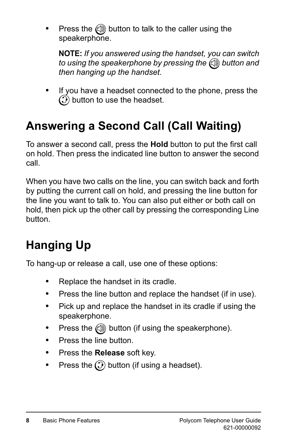 Answering a second call (call waiting), Hanging up, Answering a second call (call waiting) hanging up | Polycom 400 User Manual | Page 15 / 132