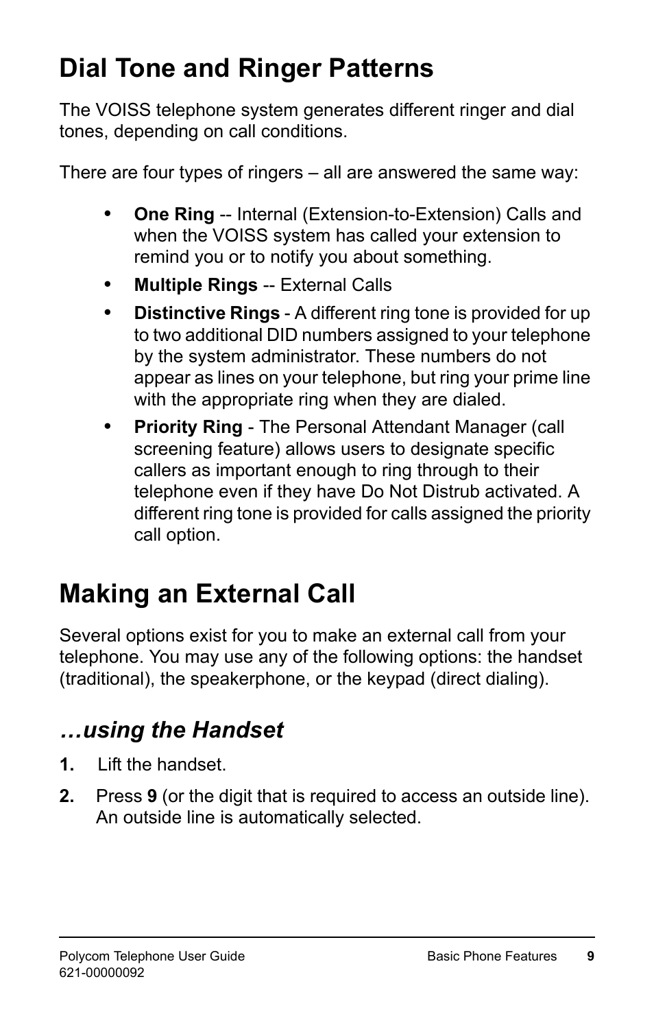 Dial tone and ringer patterns, Making an external call, Using the handset | Polycom 400 User Manual | Page 16 / 132