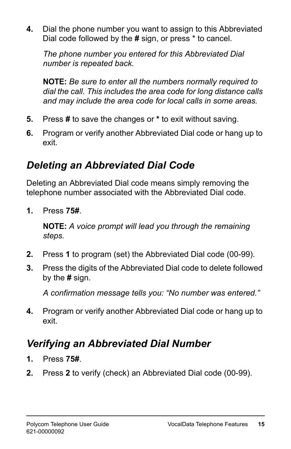 Deleting an abbreviated dial code, Verifying an abbreviated dial number | Polycom 400 User Manual | Page 22 / 132