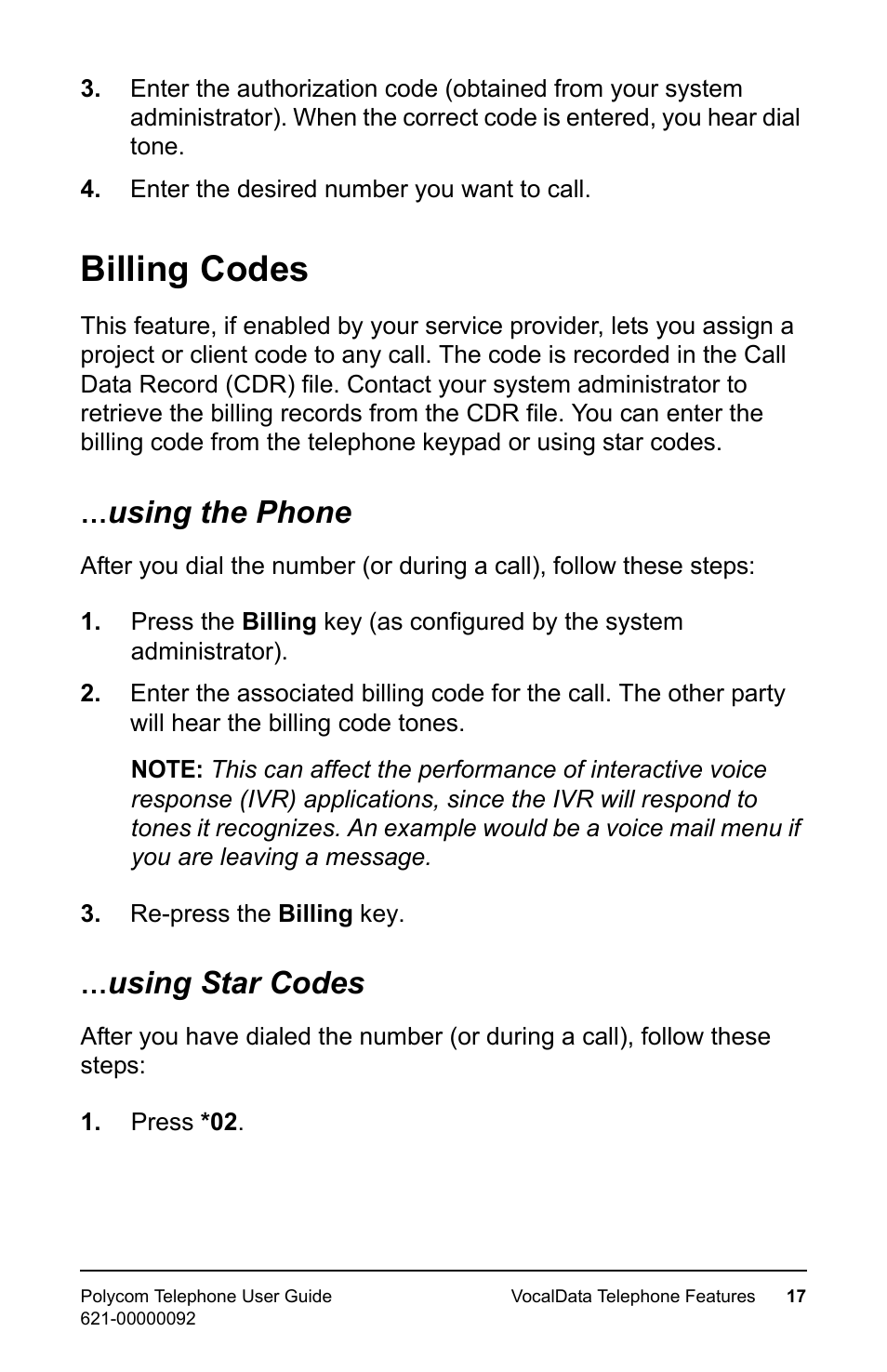 Billing codes, Using the phone, Using star codes | Using the phone …using star codes | Polycom 400 User Manual | Page 24 / 132